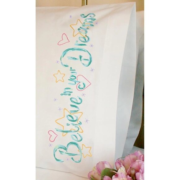 Dimensions Pillowcases Stamped Embroidery Set of 2 Believe In Your Dreams NEW - Picture 6 of 6